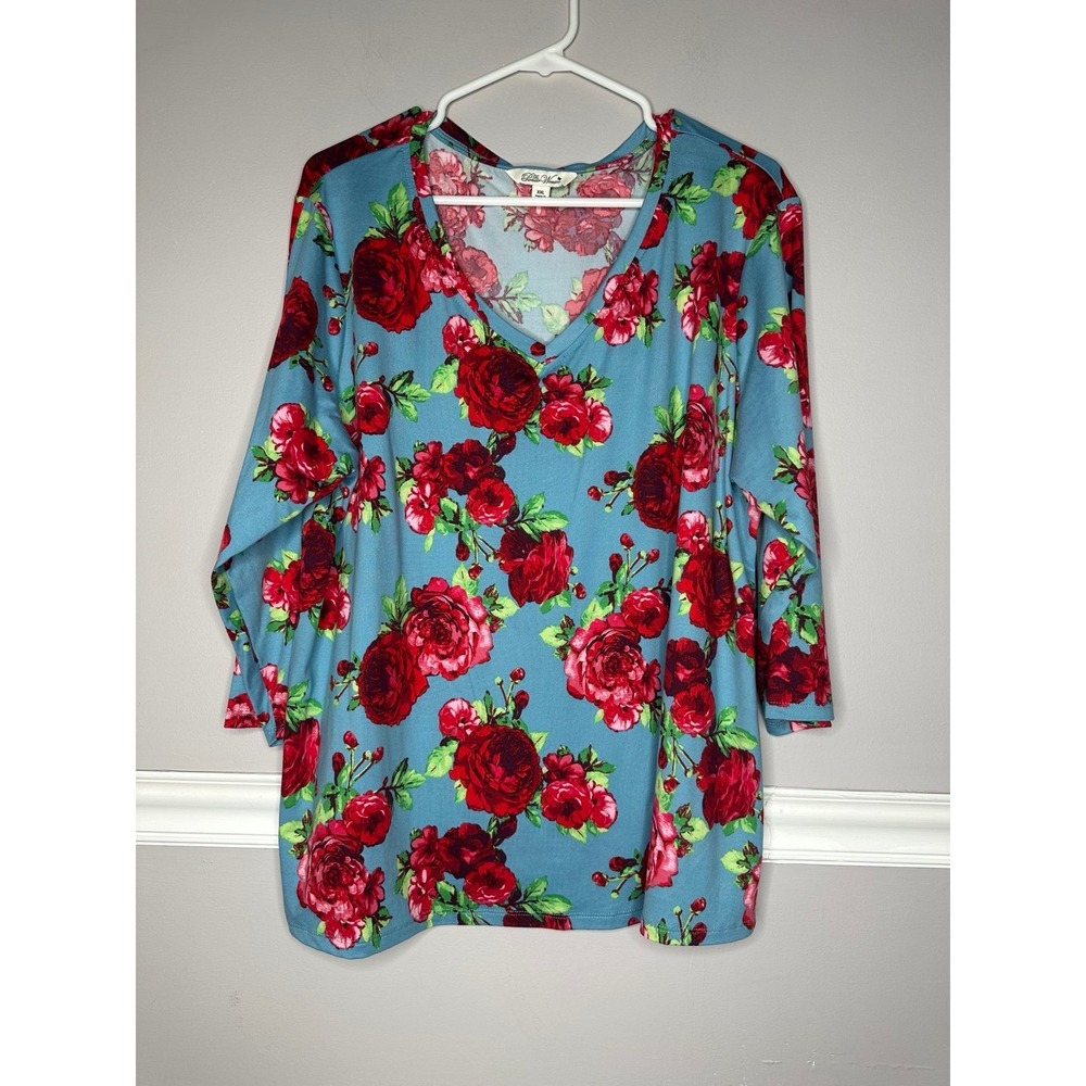 Pioneer Woman Floral Top Roses 3/4 Sleeves V Neck Blue Red Sz XXL